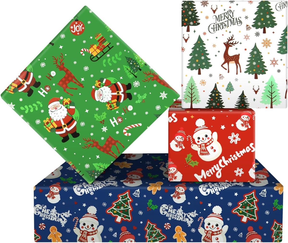 kerstman, sneeuwman, rendier, kerstboom, set van 4 ontwerpen, 4 vellen 50 x 70 cm, voor kerstmis cadeauverpakking