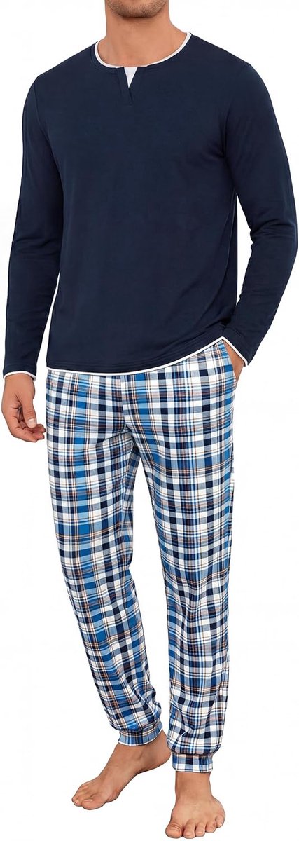Pyjama voor heren, winter, katoen, ronde hals, pyjamaset, lange mouwen, effen top met overlappend kraagdesign en comfortabele broek