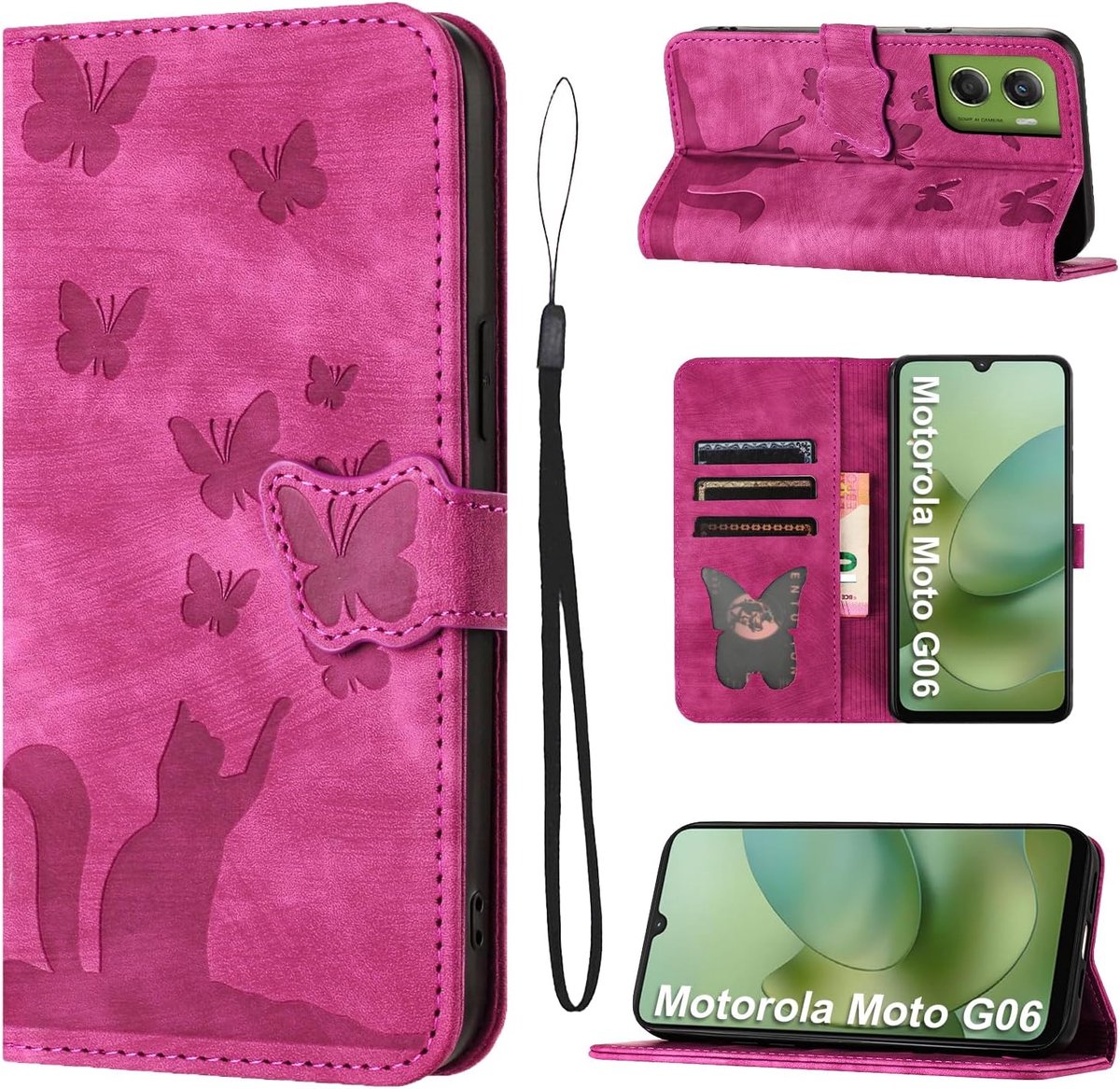Telefoonhoesje voor Motorola Moto G06 (6,88 inch), premium PU-leren hoesje met kaartsleuven, standfunctie, beschermhoes, klaphoes, portemonnee, vlinderkat, roze