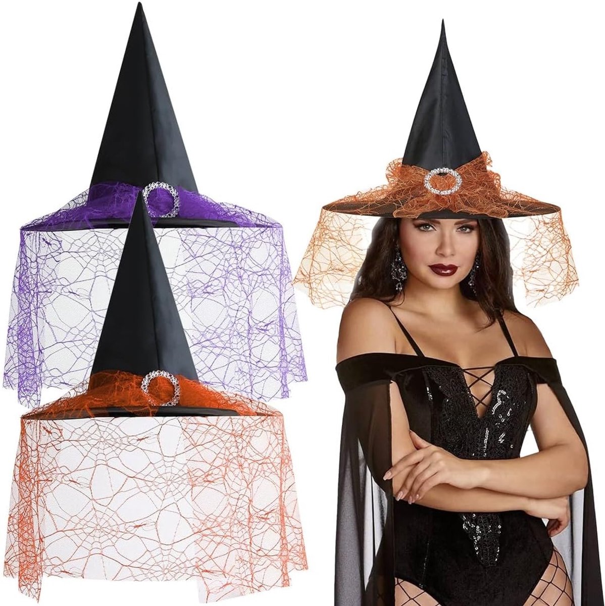 2 stuks Halloween-heksenhoed voor dames, Halloween heks meisjes, heksenaccessoires voor Halloween-feestjes en carnavalsfeesten