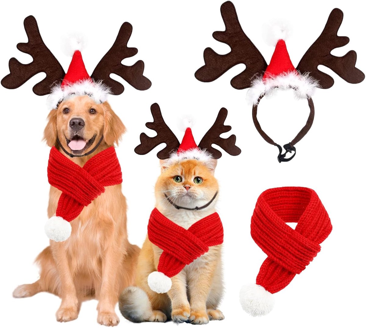 huisdier hoofdband, Kerstmis rendiergewei hond met kerstmanmuts, met sjaal, hondenkerstkostuum kerstfeest (S)