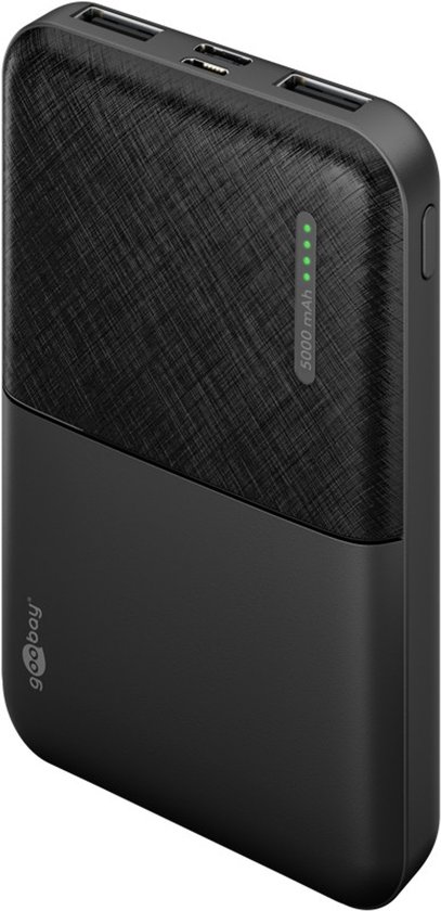 Zwarte powerbank met gebogen lijnen bovenkant en gladde onderkant. Geeft 5000 mAh aan.