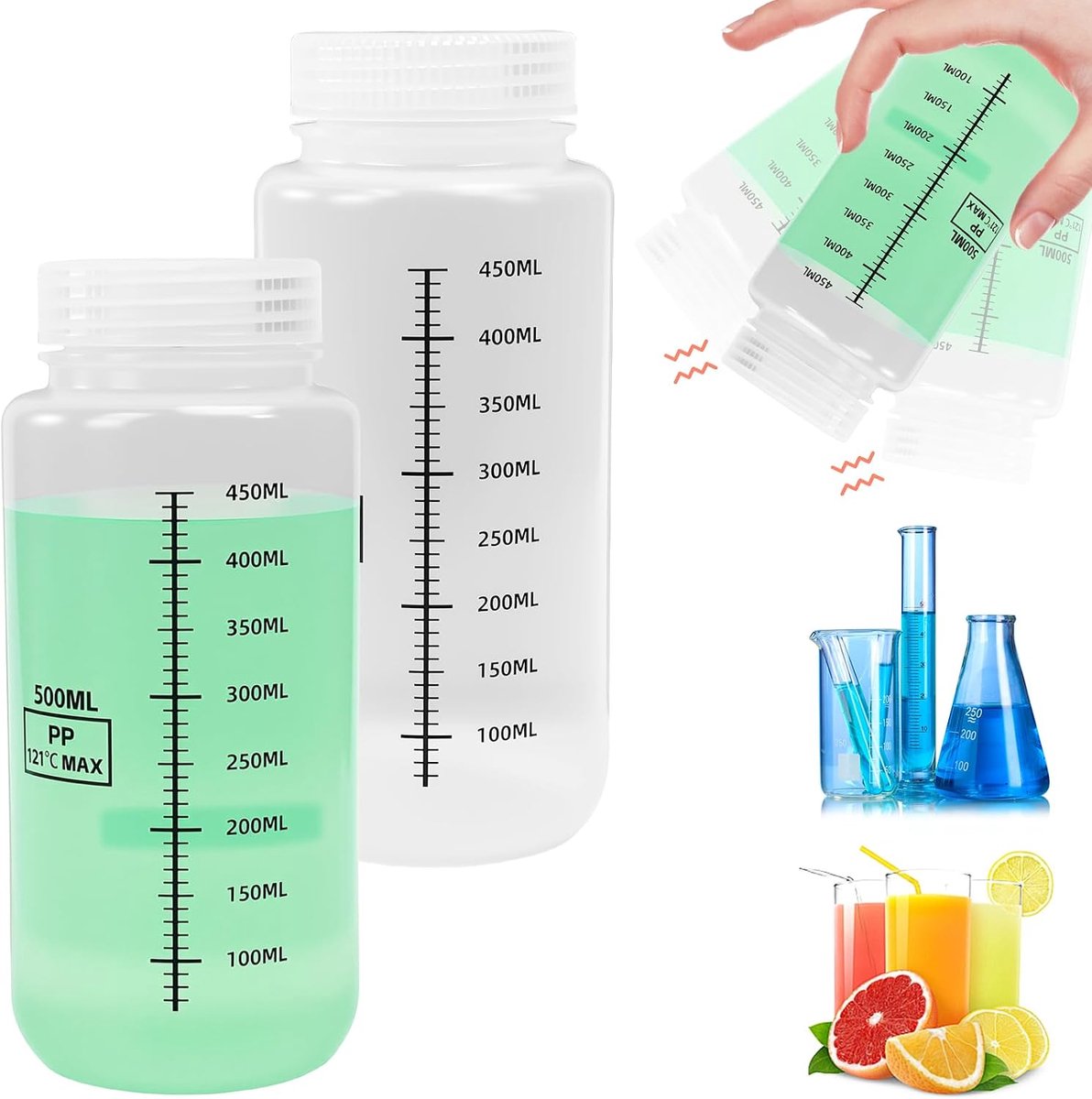 fles met brede hals, 500 ml, laboratoriumreageerbuisfles, laboratoriumfles, kunststof reageerbuisjes met schaalverdeling van PP-fles voor pillflessen, watermonsterflessen