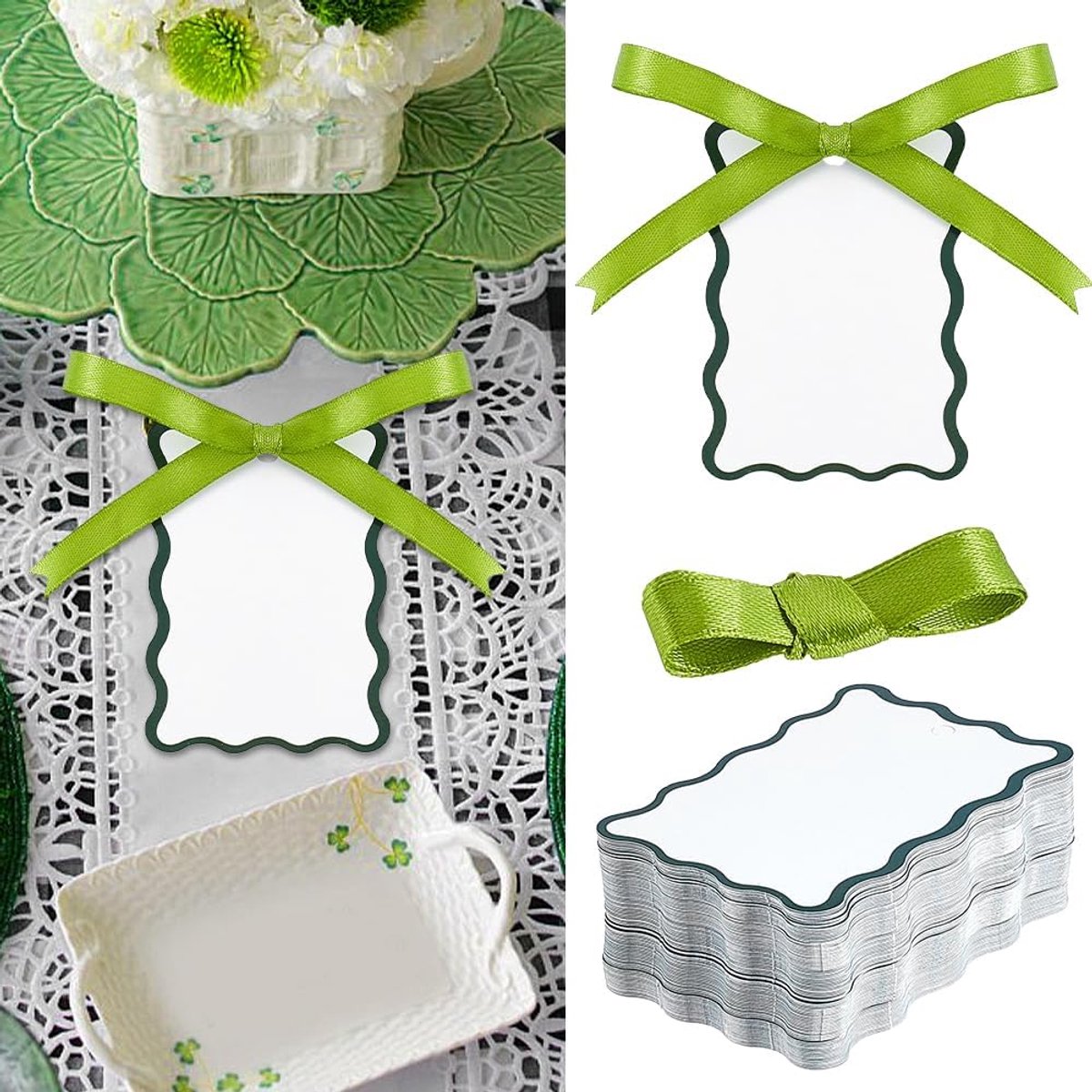 100 stuks rechthoekige papieren tafelkaarten met polyester linten naamplaatskaarten blanco zitkaartlabels voor tafelinstelling voor bruiloftsfeest, diner, banket, vieringsbenodigdheden