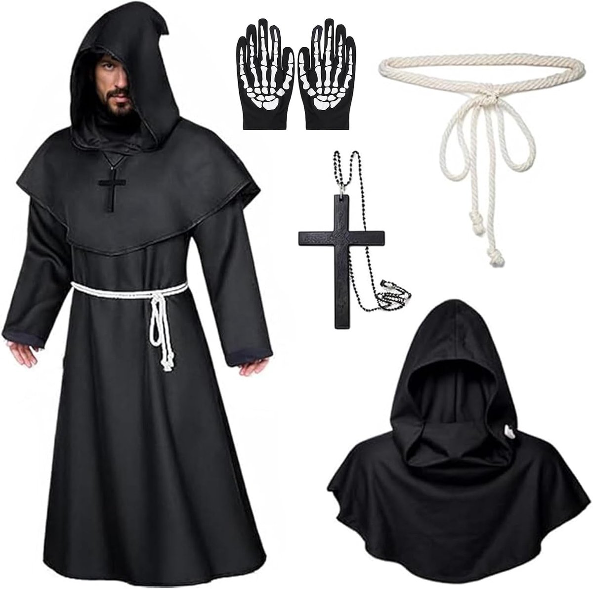 monnikenkostuum, volwassenen heren tovenaar priesterrobe, priesterkostuum, monnik priester gewaad, heren capuchon monnikgewaad priester kostuum, Halloween, carnaval en rollenspel