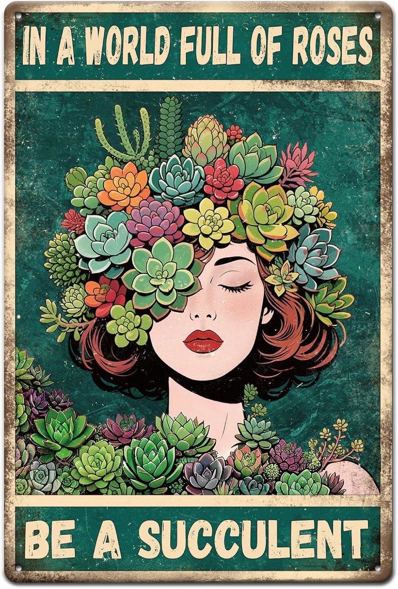 Succulent Lady Metalen tinnen bord "In A World Full Of Roses Be A Succulent" vintage schilderij tinnen borden 30 x 20 cm retro muurkunst plaquette poster voor thuis, cafés, bar club