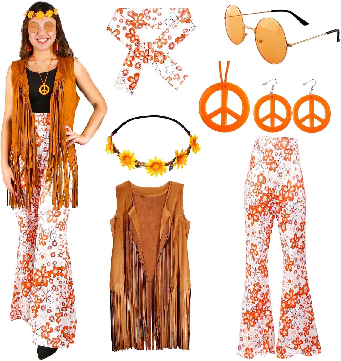 Hippiekostuum voor dames, retro set 60, 70, hippie-accessoires, franjevest, slagbroek, dames, oranje, kleding, dames, disco outfit, hippiekleding, vrouw, bril, halsketting, carnavalskostuum,