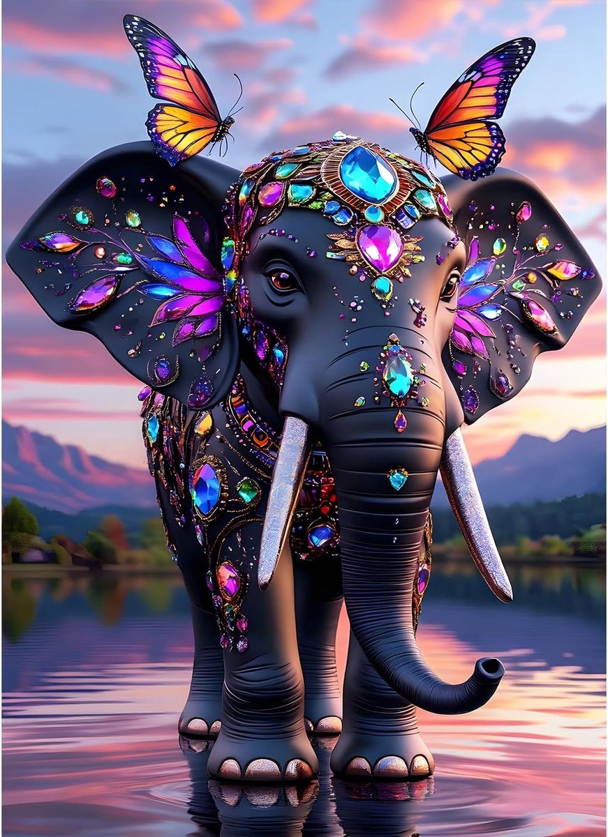 Diamond Painting Fantasy Elephant, 5D Luxury Diamond Painting for Adults Beginners Sunset Glow Diamond Embroidery DIY Full Drill Reflection Diamonds Art Home Wall Decoration 30x40 cm