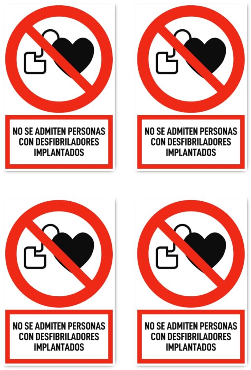 112,5 x 75 mm, 4 stuks - Geen toegang voor personen met geïmplanteerde defibrillatoren - taal: Spaans - Verbodsteken met tekst (rood/wit) - rechtop - P007 - DIN EN ISO 7010