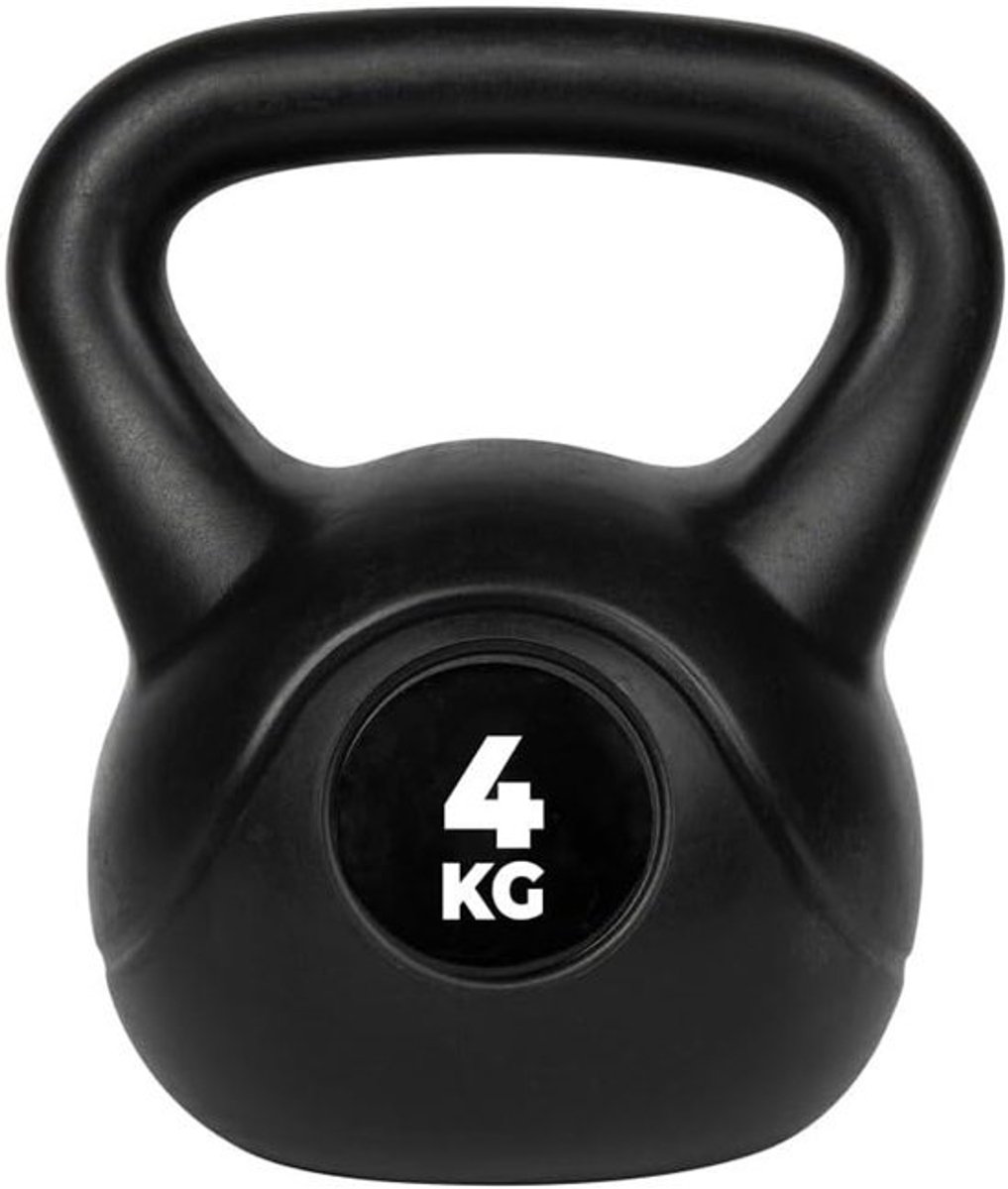 PVC Kettlebell - Zand Kettlebell - Gewichtstraining - Comfortabele Lange Grip - 4 kg - Zwart