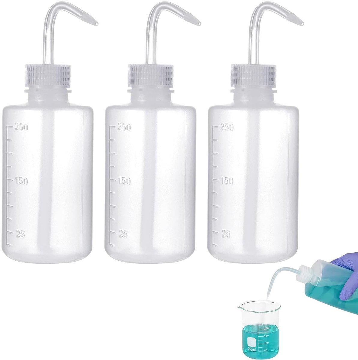 3 stuks chemische wasflessen, 250 ml kunststof flessen voor het persen, kunststof fles voor laboratoriumwas, knijpfles voor het wassen van water, transparante spuitfles voor het wassen. Kiuiom
