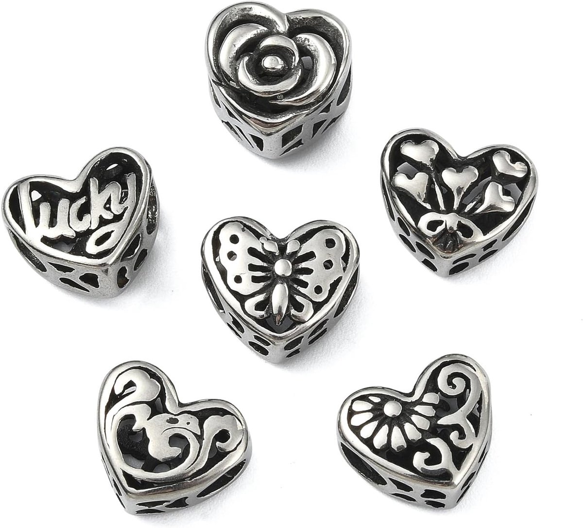 6 stuks 316 chirurgische roestvrijstalen kralen, Europese grote gat, bloem, vlinder, hartvormige kralen voor het maken van armbanden, sieraden