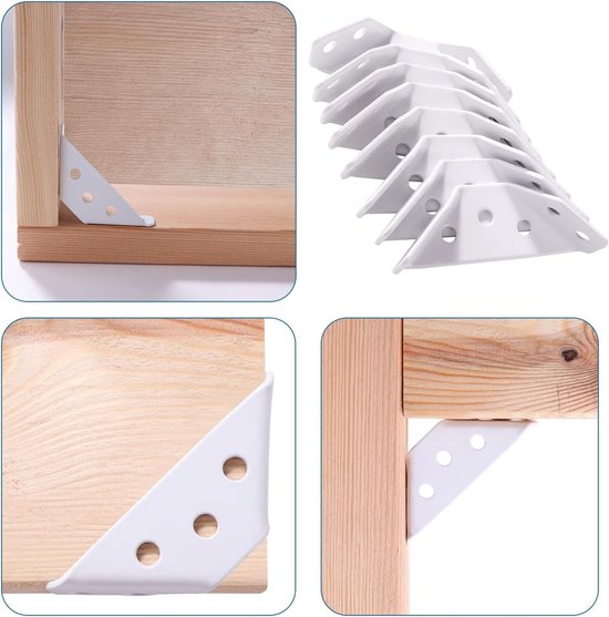 8 Stuks Hoekbeugels van RVS 1.5mm Dikte, Trapeziumvormige Hoeksteunen met 50 Schroeven voor Houten Meubels, Planken en Tafels, Klein Wit — afbeelding 4