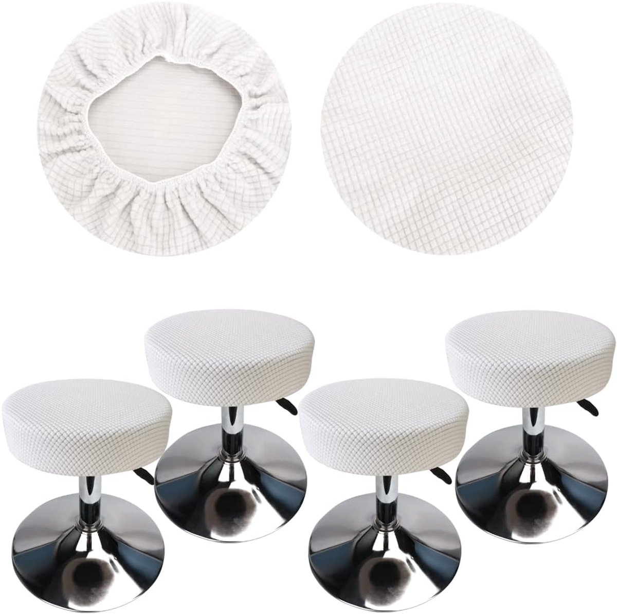 Krukhoezen Ronde Diameter 30-40 cm Ronde Barkrukhoezen Elastisch Kreukvrij Wasbaar en Stofdicht, Geschikt voor Ronde en Vierkante Stoelen (4, Wit)