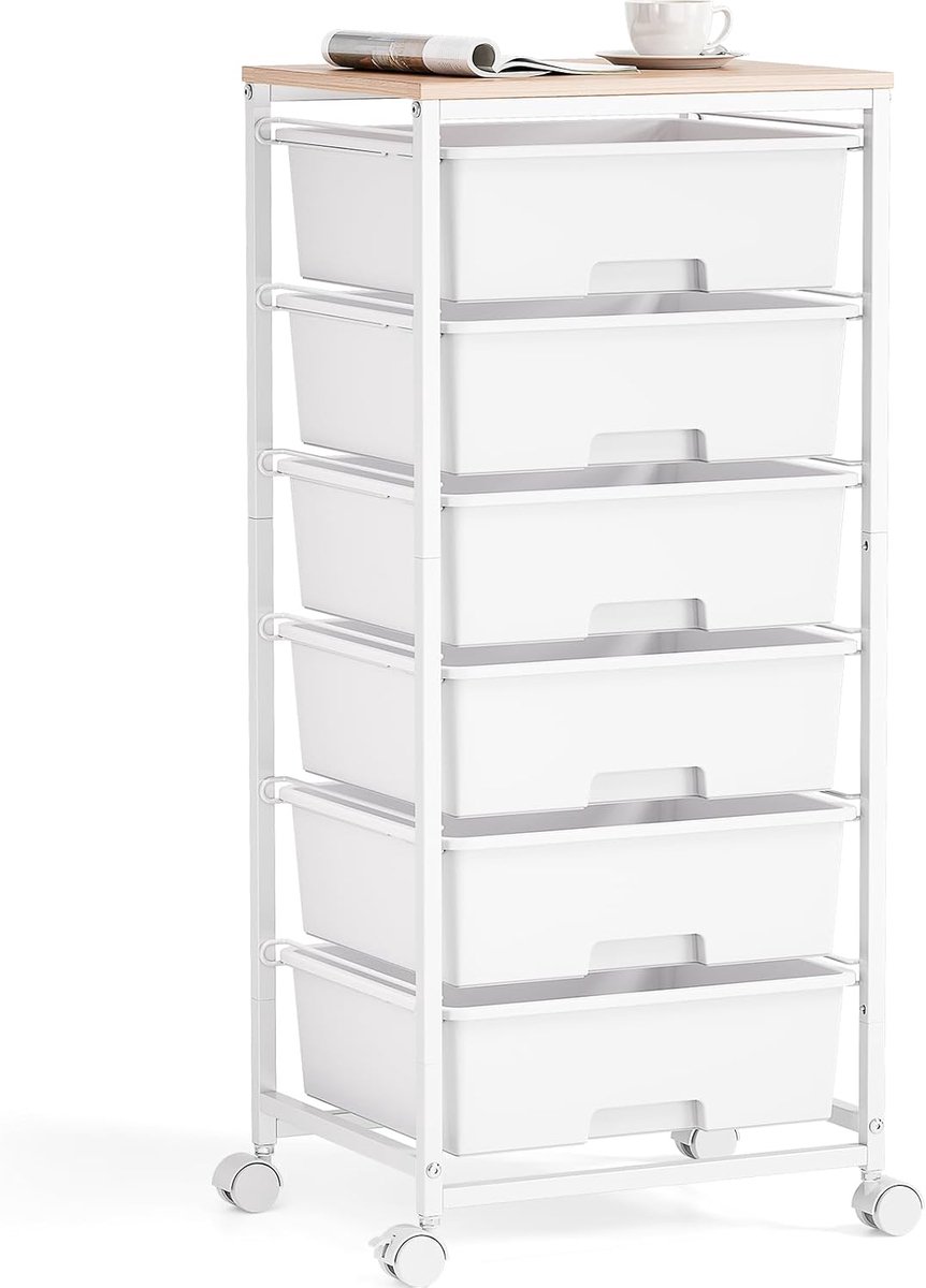 Opbergwagen met 6 grote laden & houten plaat - perfect voor slaapkamer, kantoor, klaslokaal, kinderkamer en woonkamer. (wit)