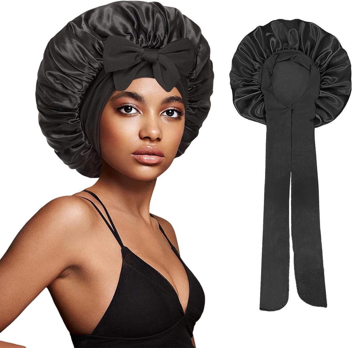 muts om te slapen, satijnen slaapmuts, slaapmuts van zijde, bonnet met brede rand en lange banden, nachtmuts, haarmuts, slaapmuts voor dames, haarbescherming