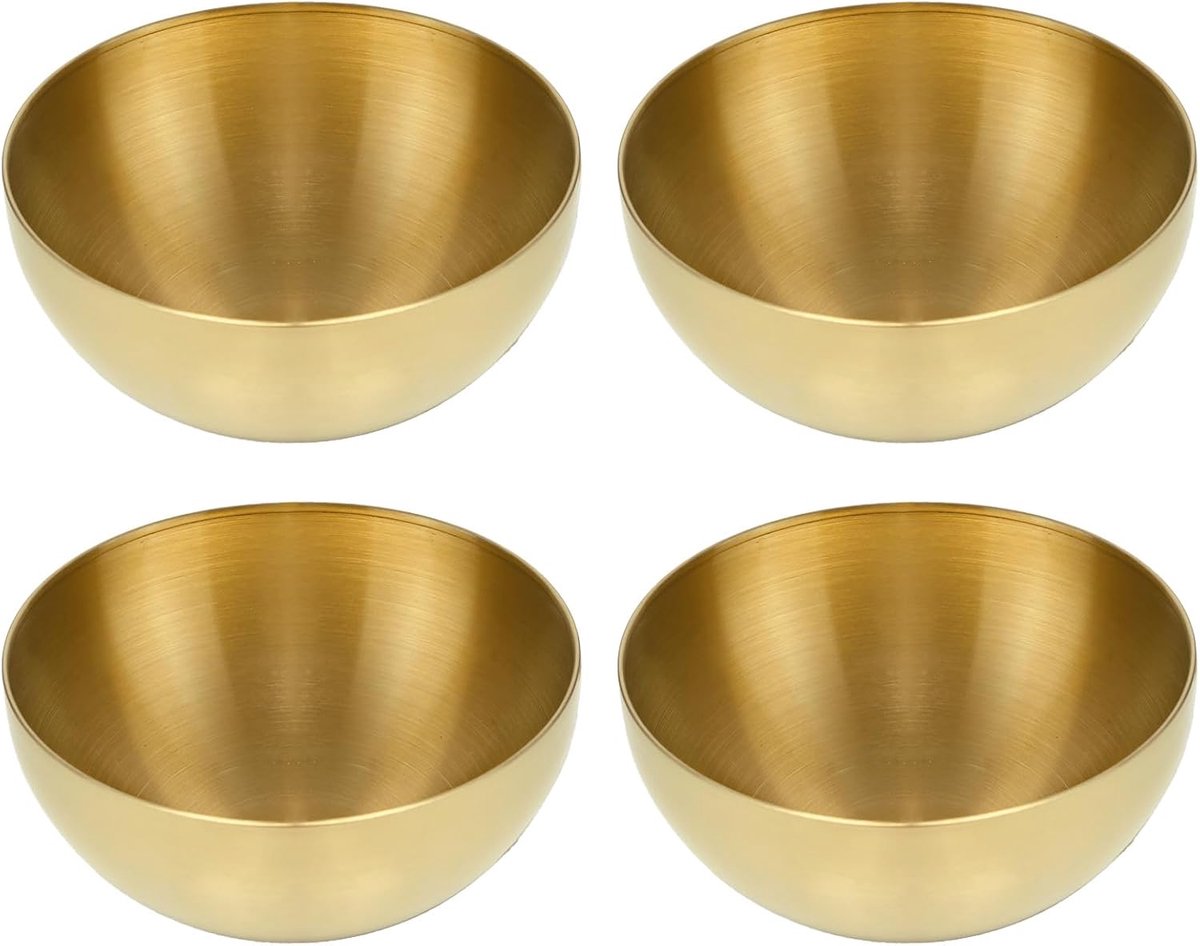 4 stuks roestvrijstalen mengkom, gouden slakom, 15 cm, grote roestvrijstalen serveerschalen, gouden Koreaanse kommen voor soep, rijst, ramen, fruitnoedels (15 x 7 cm)