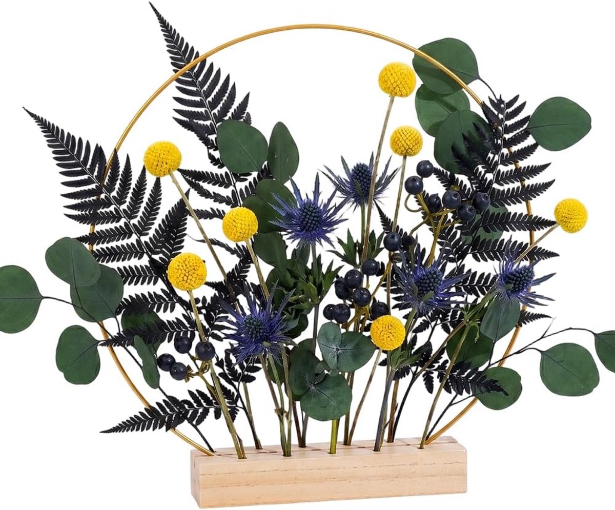 Houten gedroogde bloemen kaarthouder, plaats kaarthouder met 1 stuk 30 cm/12 inch gouden ijzeren verbindingsring voor ceremonie verjaardagsfeestje woondecoratie, 180x40x30mm/7x1,6x1,2 inch