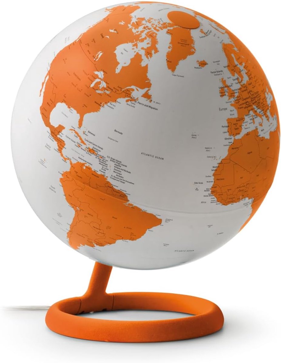 Atmosphere Evolve Velvet Corniola wereldbol in Scandinavisch design met gekleurde lamp, politieke cartografie in het Engels, diameter 30 cm, gemaakt in Italië