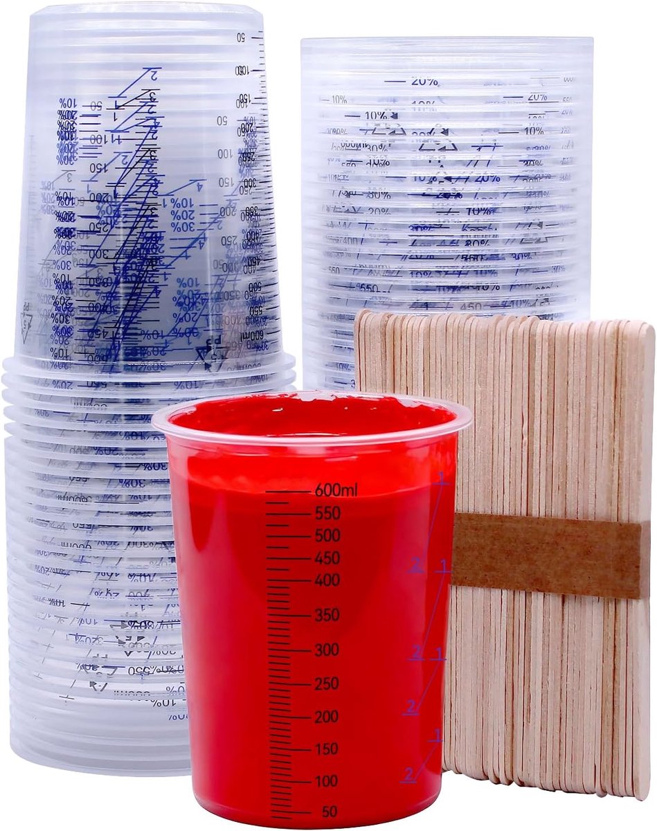 600 ml lak mengbekers epoxyhars set, 50 stuks lakmengbekers 600 ml en 50 stuks roerstaafjes, maatbekers bekers met schaal en mengverhouding