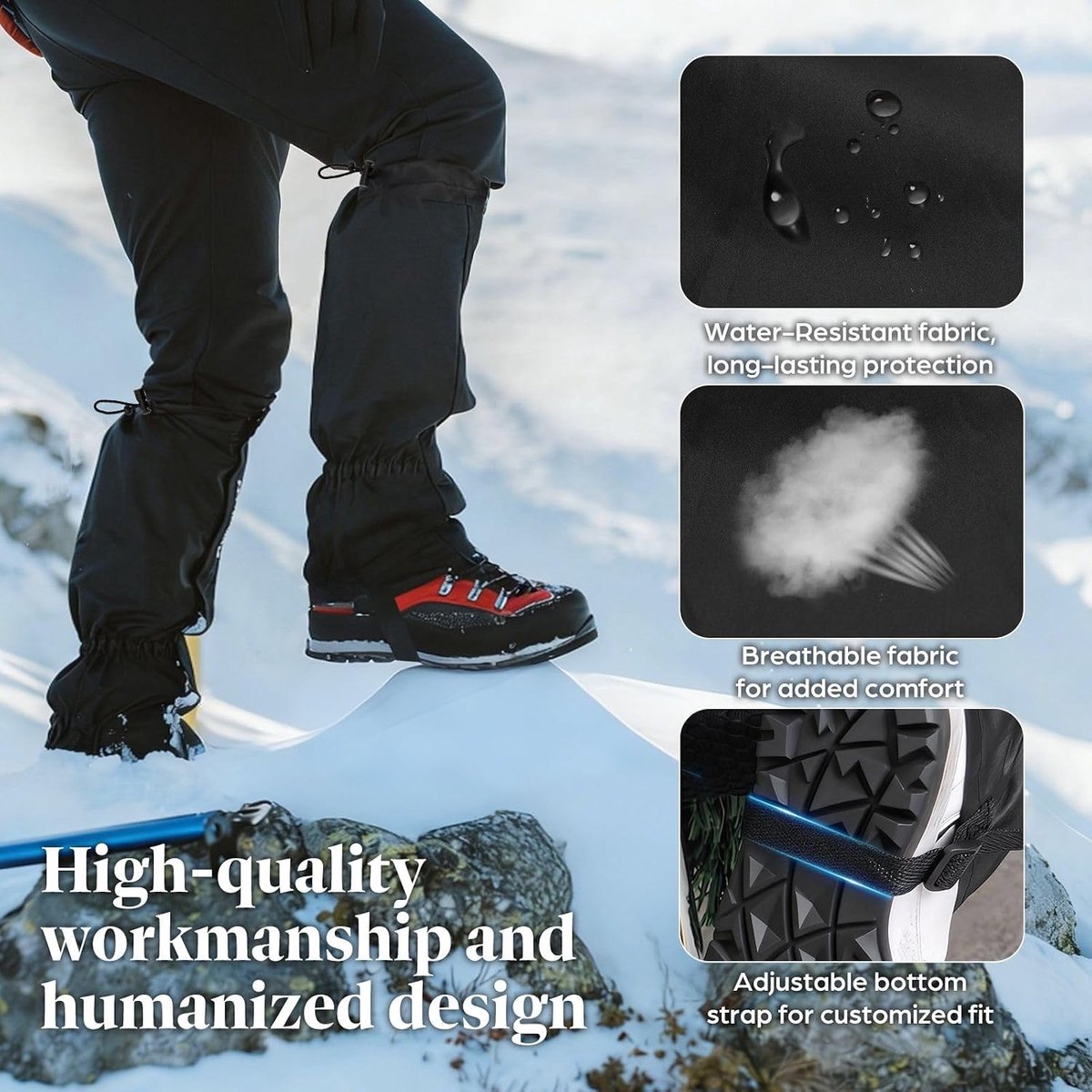 Beenkappen voor wandelen en fietsen, verlengde outdoor beenwarmers, bescherming tegen sneeuw, zand, modder insecten, ademend, licht, met draagtas (zwart)