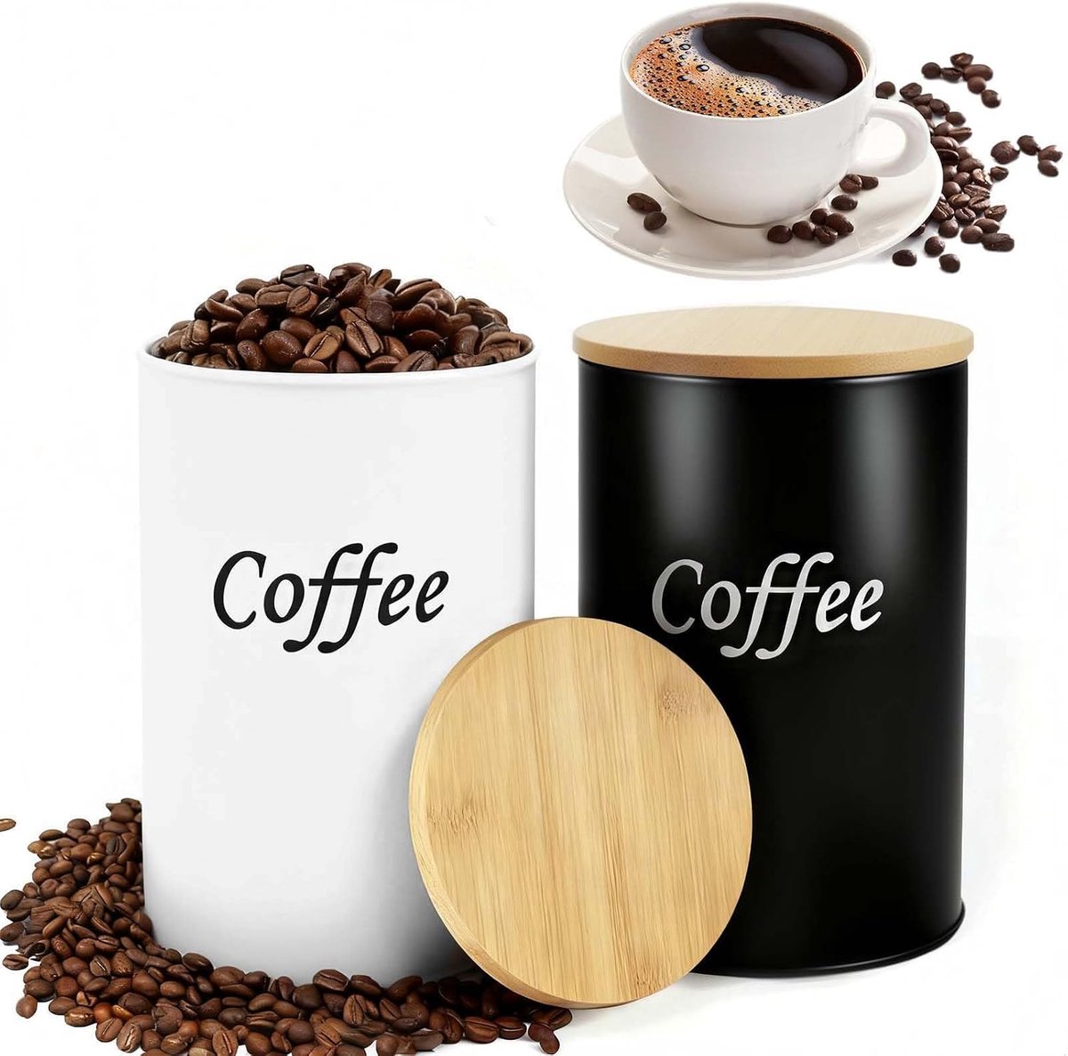 2 stuks koffieblik luchtdicht, 500 ml koffiebonen houder met houten deksel, voorraaddoos koffie rond, koffieblik voor gemalen koffie