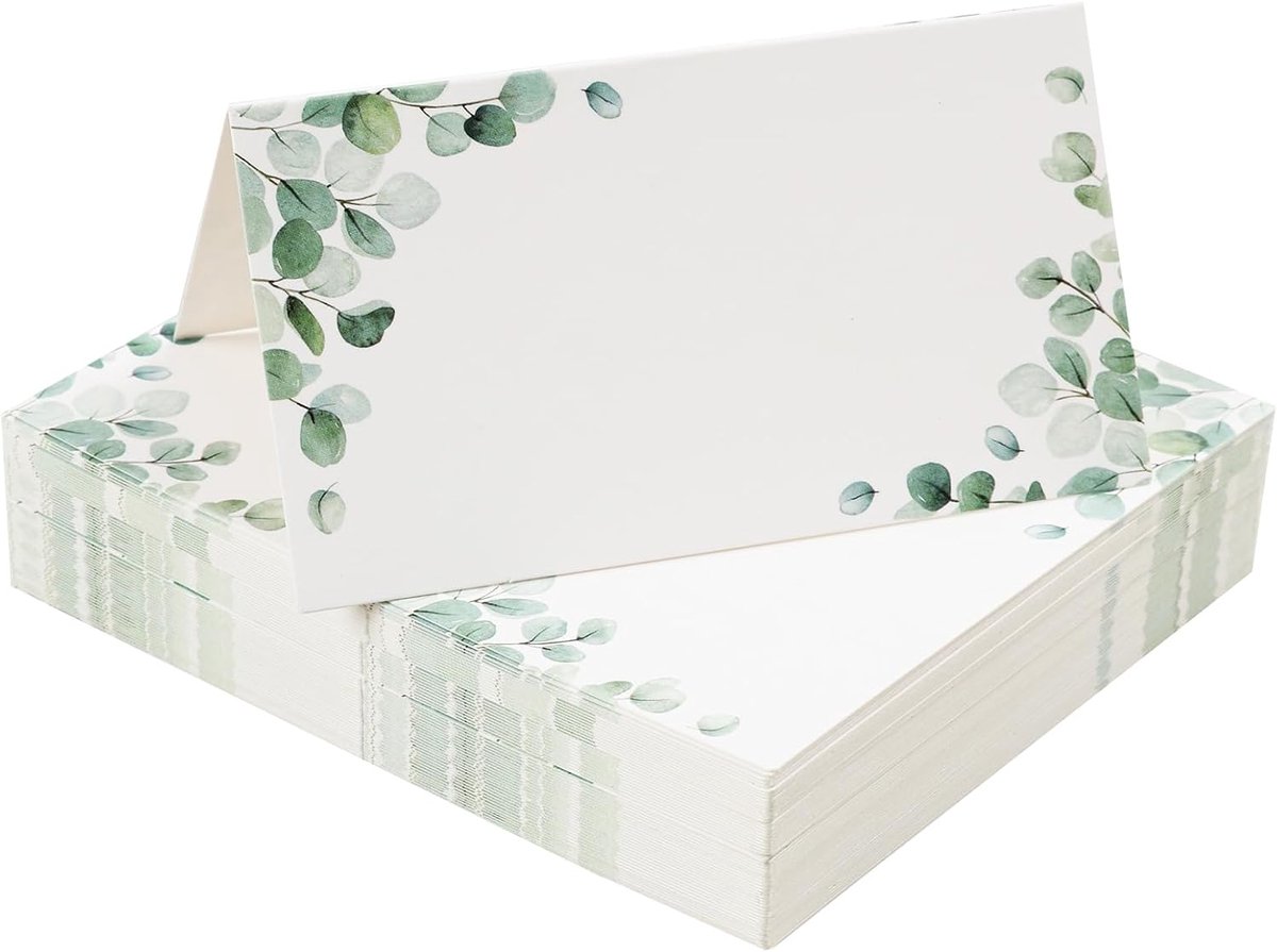 60 Stuks Plaatsmarkeringen – 10x9cm Schrijfbare Tafelkaartjes – Elegante Naamkaartjes voor Bruiloft, Verjaardag, Doop, Communie – Groen Design met Vouwlijn