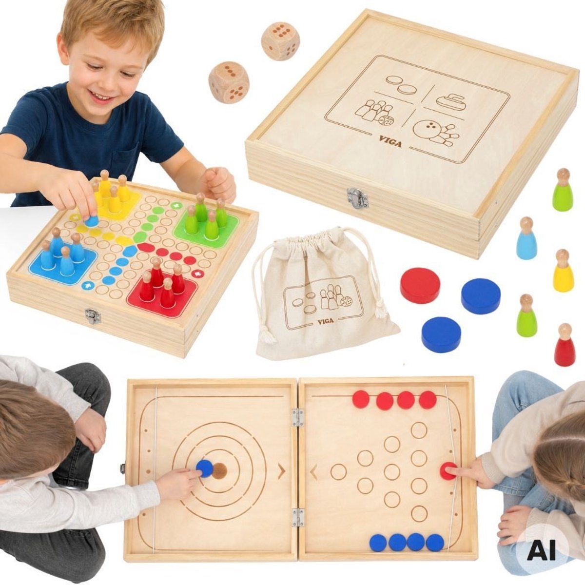 Viga Houten 4-in-1 Arcadespel Tafel Hockey Curling Bowling Ludo