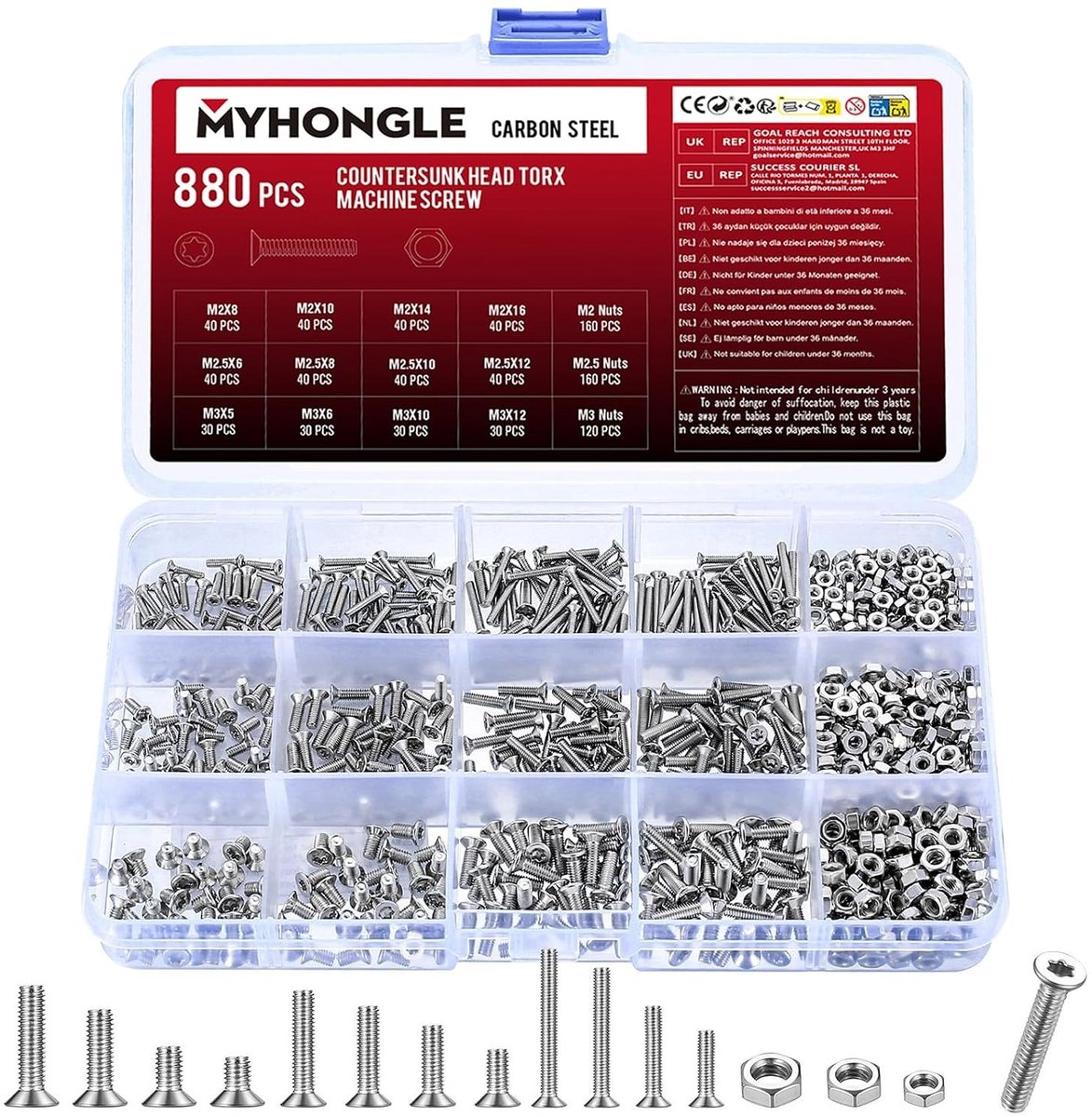 Schroefset M2 5 - Zilver - M2, M2.5, M3 - Verzonken Platkop Torx Schroeven met Moeren - Voor Machinebouw en Reparatie