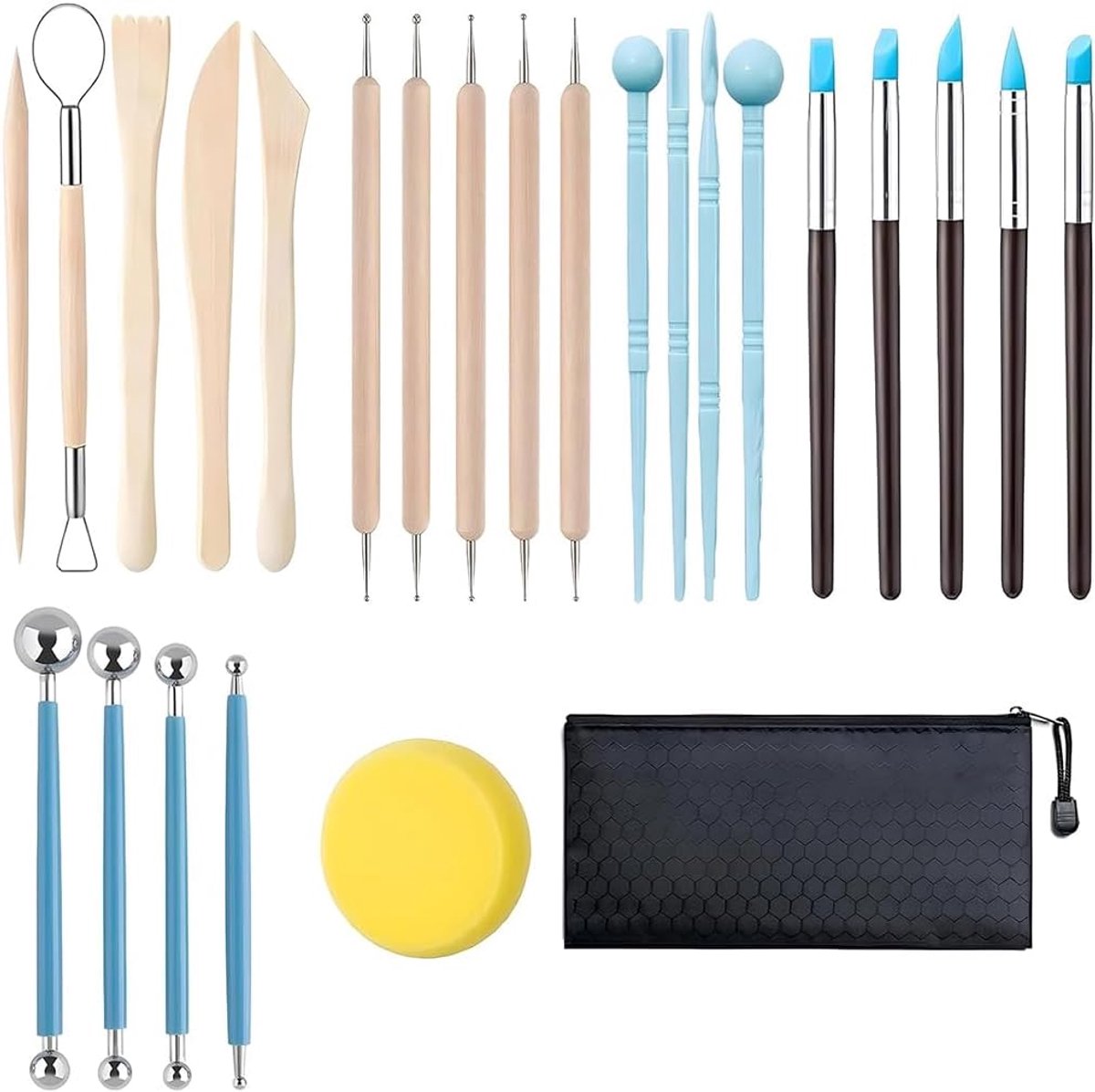 25 stuks gereedschap voor aardewerk, klei, zelfhardende set, beeldhouwset, keramiek en aardewerk, met blauwe balpen, modelleergereedschap, klei, aardewerk, volwassenen, set voor porselein