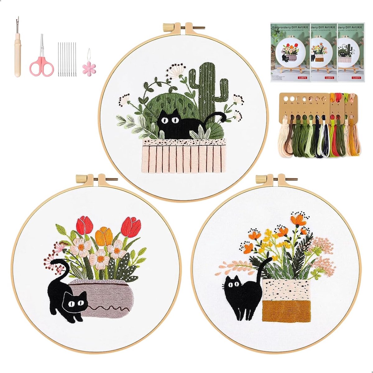 Chituodian Borduurset voor beginners, 3 handborduursets voor volwassenen, met patroon van stof, bloemenpatroon, kat, ring, garen en naalden om te knutselen voor kunstprojecten