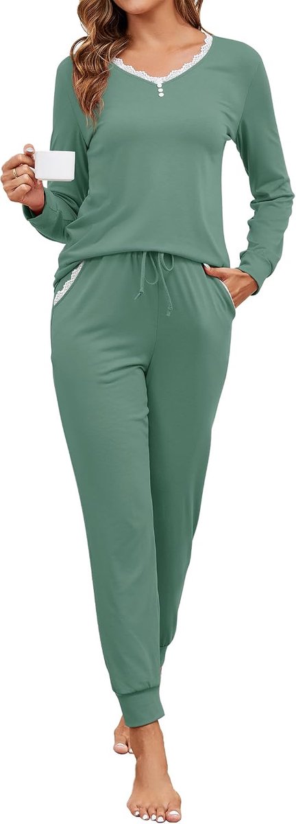 Pyjama voor dames, lang, katoen, tweedelige nachtkleding met kant, V-hals, nachtkleding en pyjamabroek met zakken