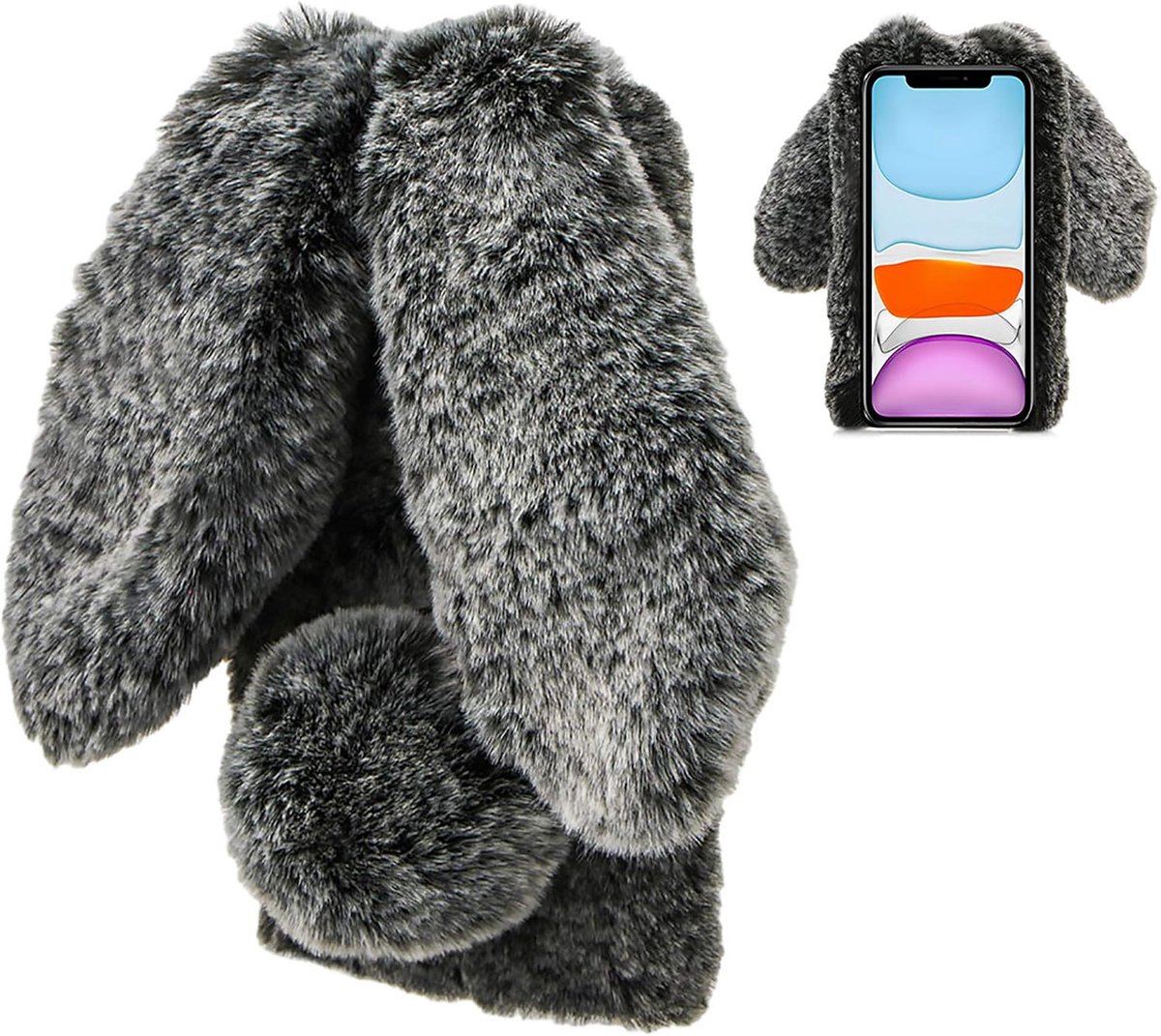 Hoes voor iPhone 13 Pro Max 6,7 Inch, LCHDA Pluizig Schattige Kunstmatig konijnenbont Haar Leuk Lange Oren Pluche Zacht Harig Warm Siliconen Bumper van TPU Beschermende Telefoon Hoesje - Zwart