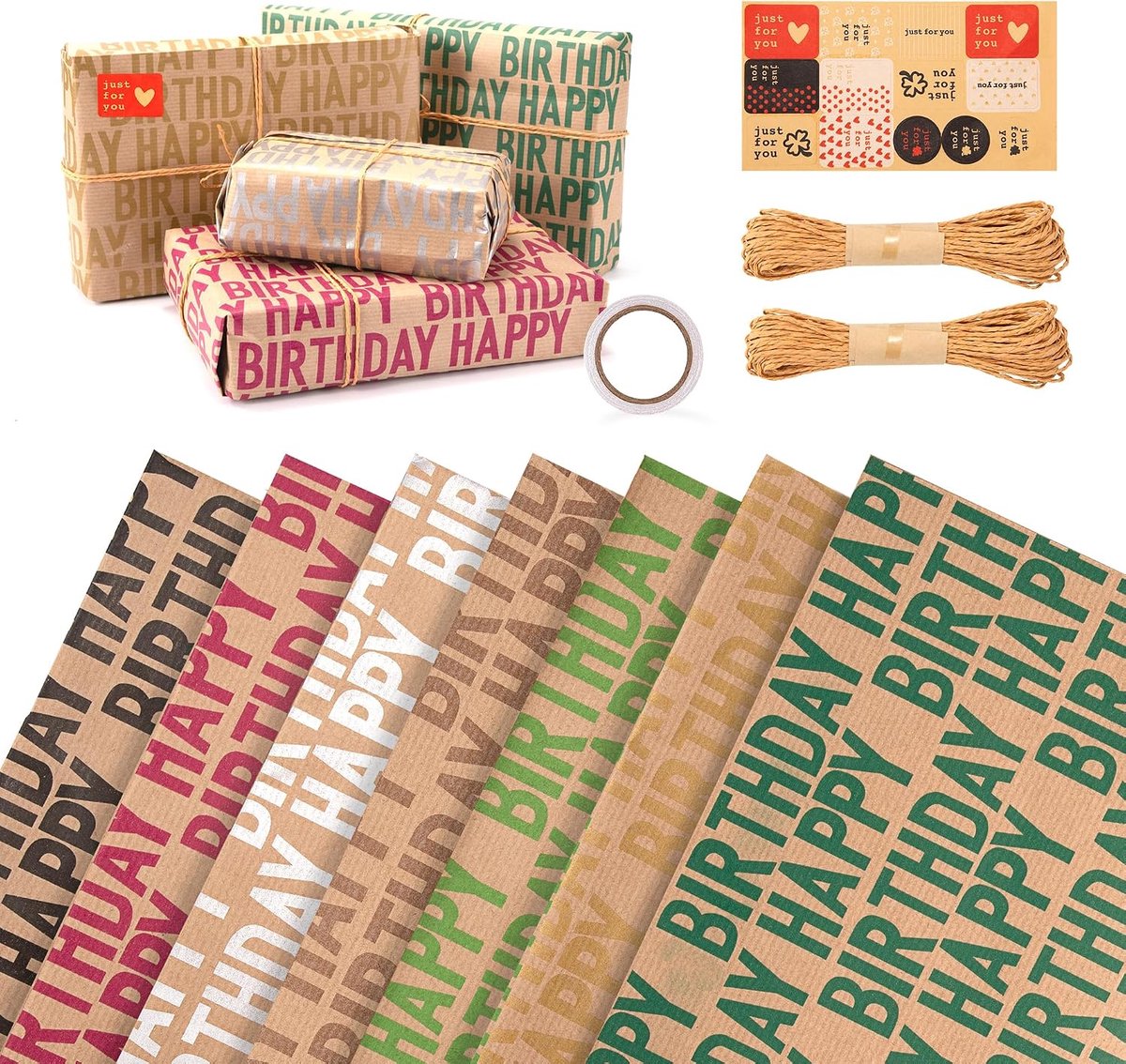 Cadeaupapier voor verjaardag, met jute touwen, dubbelzijdig plakband en stickers, papier voor het verpakken van geschenken voor feestjes, jubilea, Valentijnsdag, cadeau (70 x 50 cm)