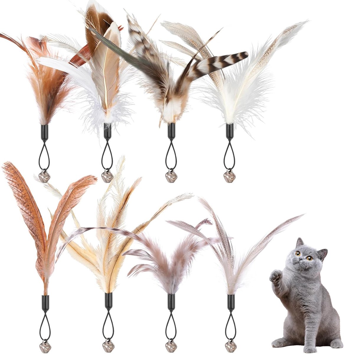 8 stuks kattenveren speelgoed met belletjes, vederteaser kattenspeelgoed, vervangende vullingen met belletjes, sporter speelspeelgoed voor kitten en kat