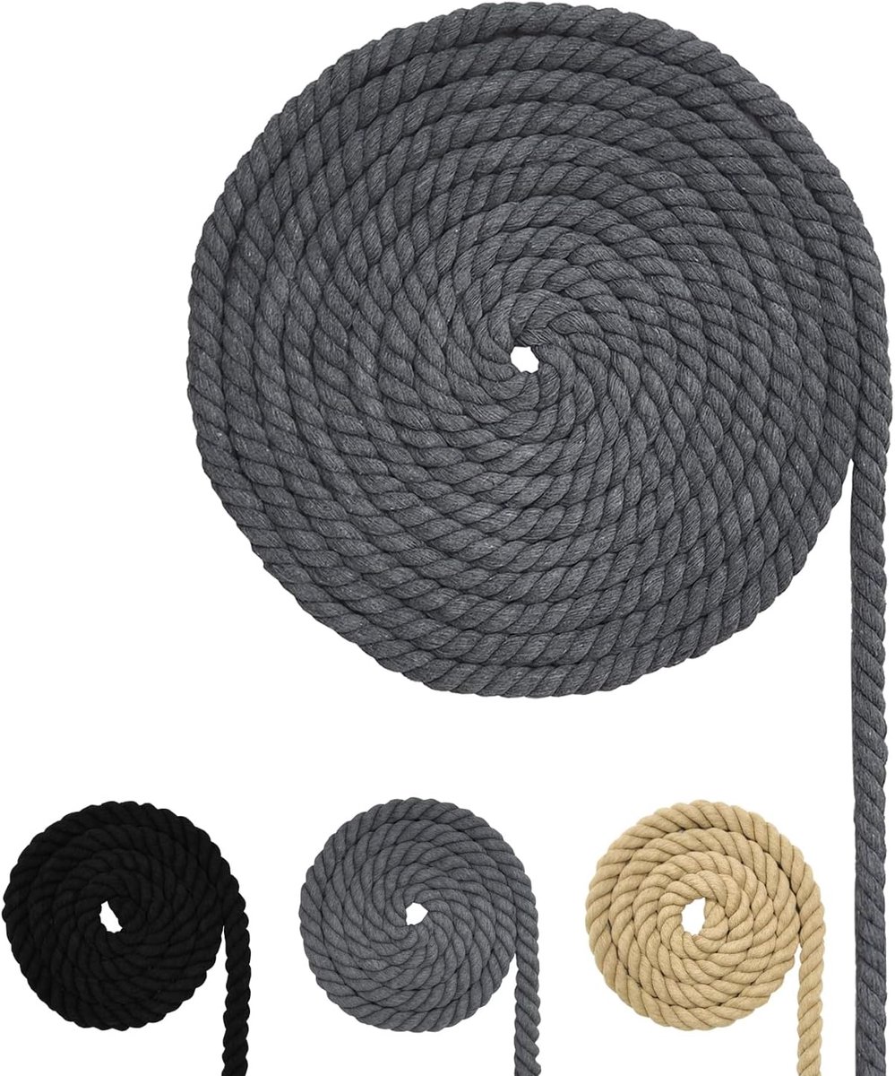 Koord, macramégaren, verschillende maten, katoenen touw voor doe-het-zelf knutselwerk, geschenken (grijs, 8 mm (5 m)