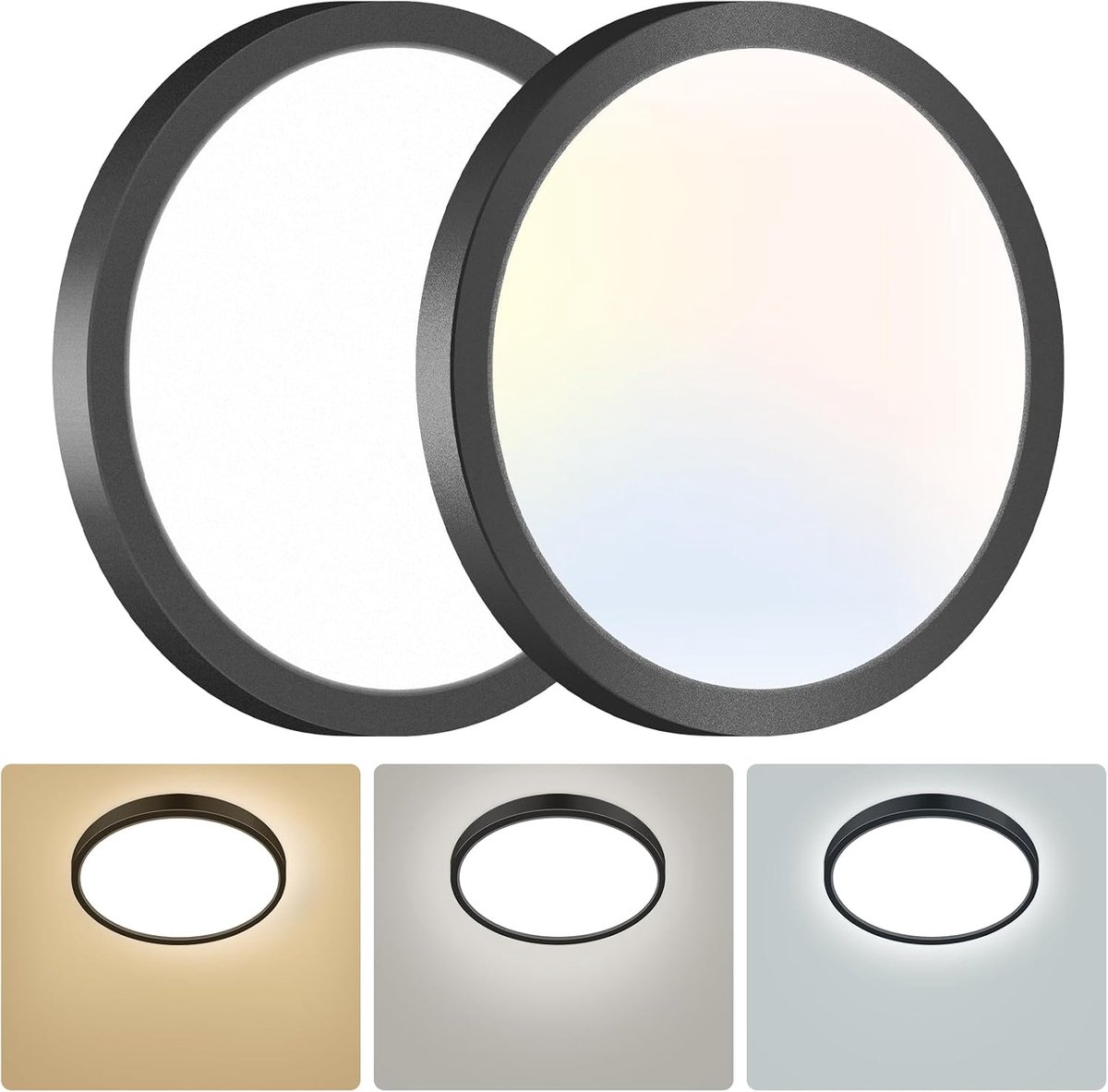Plafondlampen, 3 kleuren - 3000K/4000K/6500K, 16 cm IP44 waterdicht plafondlamp, modern, rond, plafondlamp voor badkamer, woonkamer, kinderkamer, keuken, gang, zwart