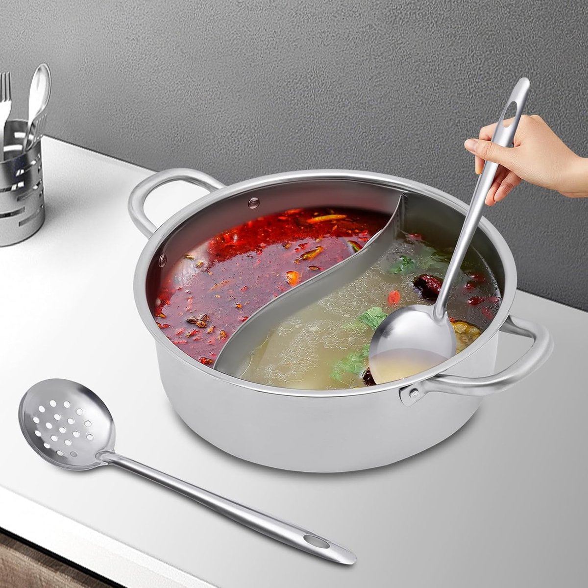Pot Pot Dubbele Hot Pot Shabu Pot, roestvrij staal met scheidingswand, aparte hete pot met verdeler voor thuis, restaurant, zilver (Ø32 cm)