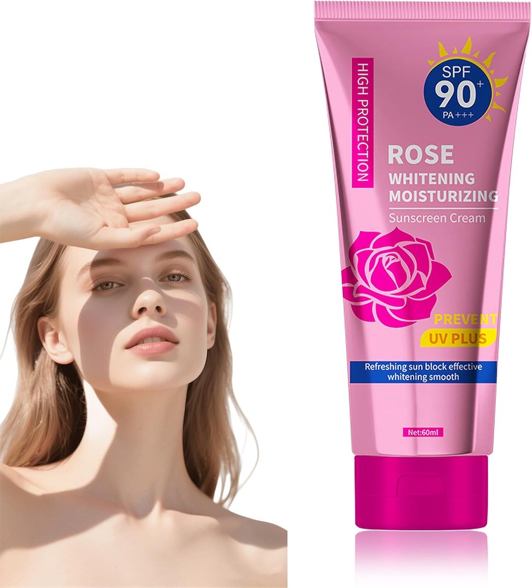 Zonnelotion SPF 90+, zonnecrème gezicht, roos zonnecrème antioxidatief, voor droge, gevoelige huid, 12 uur hydraterende verzorging, waterdicht, vega-60 ml