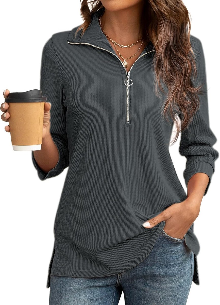 Damesblouse 3/4 mouwen V-hals halve ritssluiting 2024 Fashion Top Dames Zomer Geribbeld Zachte Comfortabele Blouse Flowy Revers Casual Polo Shirt Dames Korte Mouw