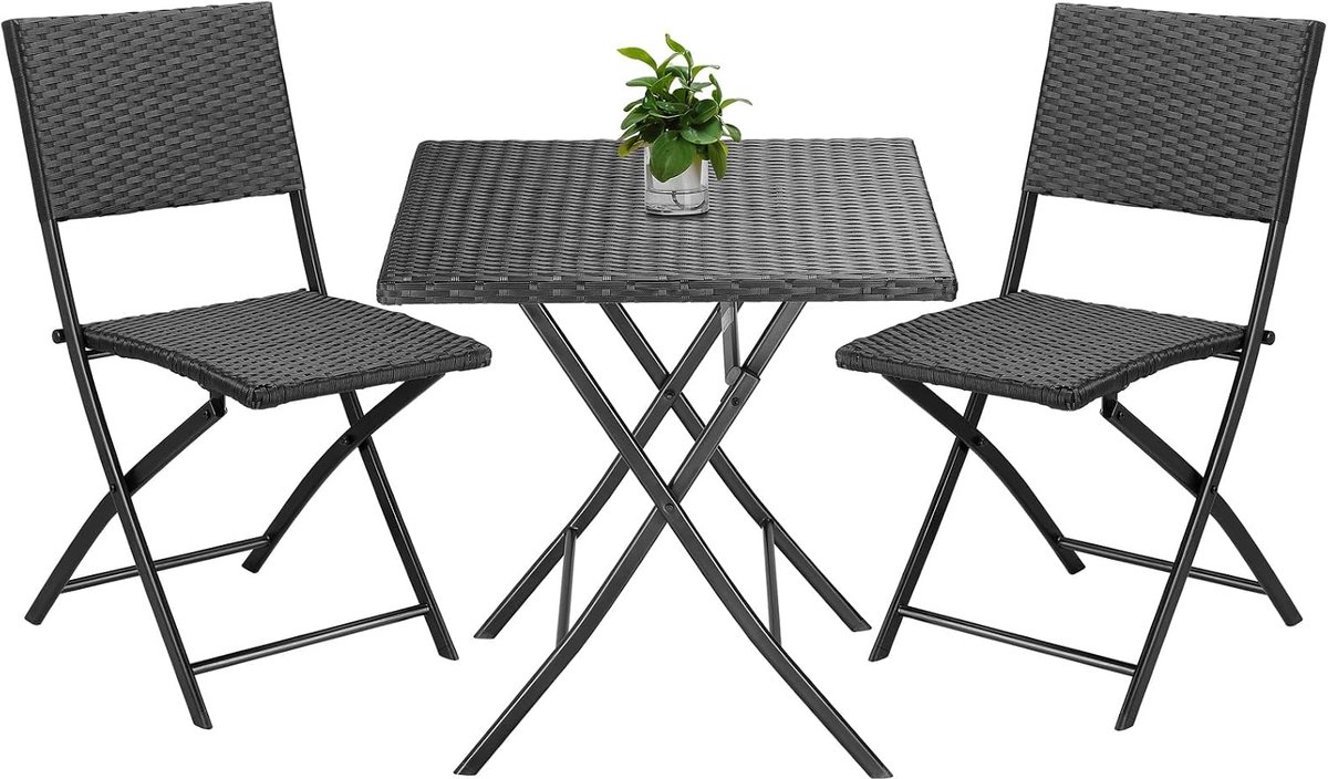 Polyrattan Tuinset 3 delig Opvouwbaar Ruimtebesparend 2 Personen Weerbestendig Balkon Terras Zwart