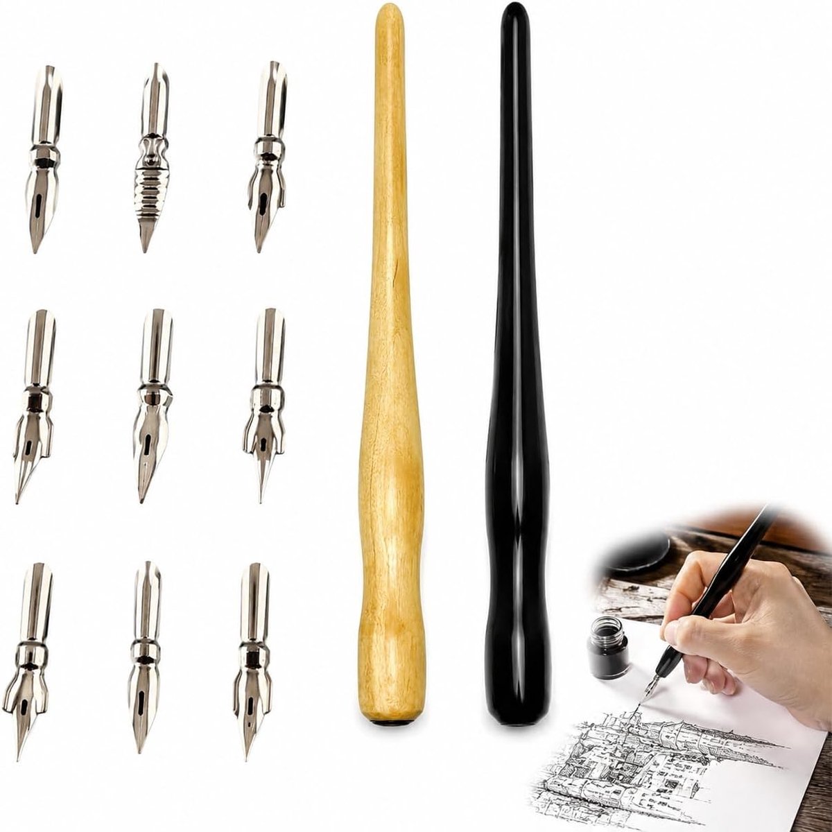 Massief houten dip pen set – 2 stuks houten inktpennen met 10 verwisselbare stalen penpunten (001-005) voor kalligrafie, tekenen, schetsen en illustratie