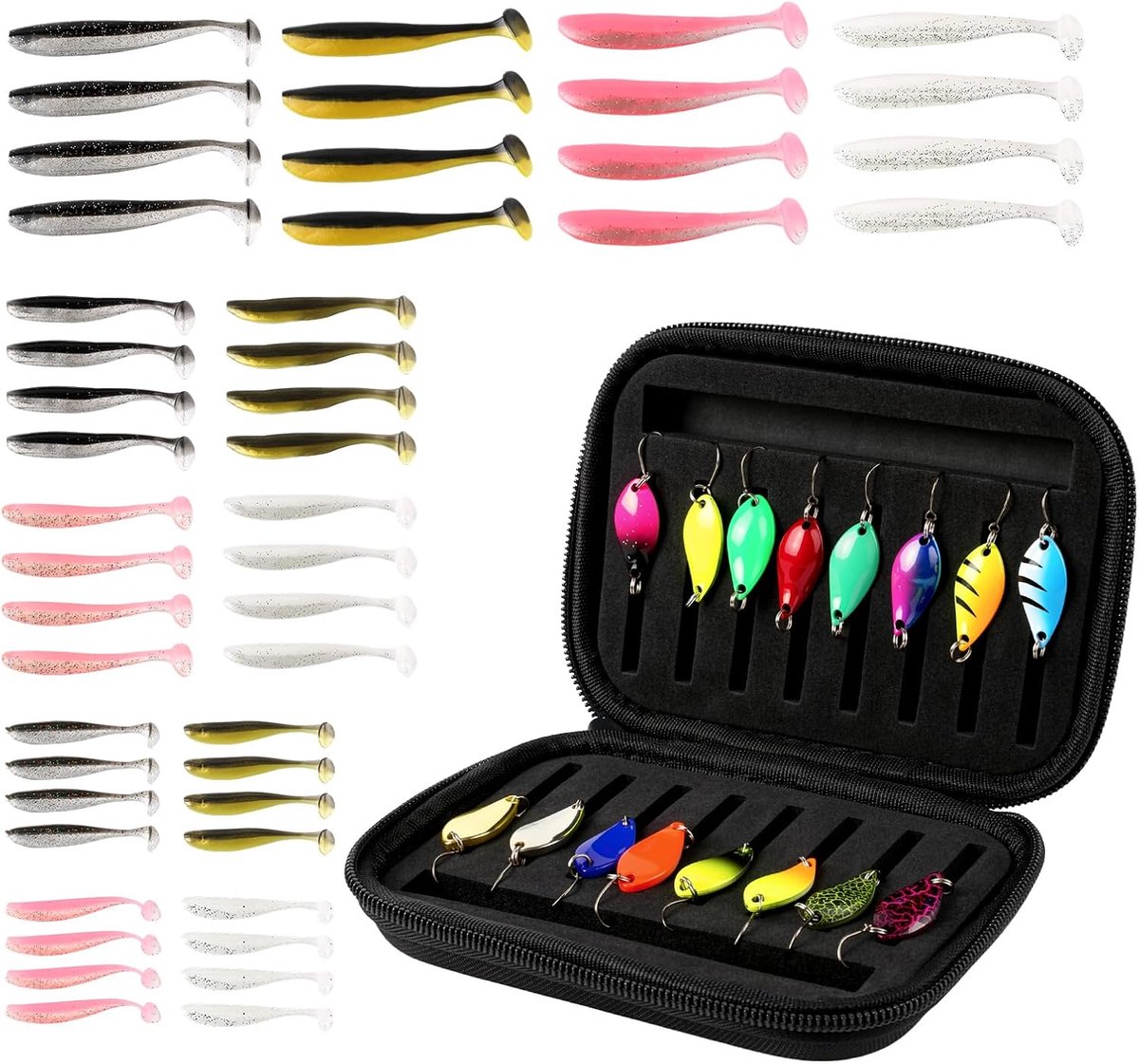 Kunstaas, spinner knipperlichten set & 48 stuks visaas, hoogwaardig visaas met pailletten, veelzijdig voor baars, snoekbaars en snoek bij het vissen