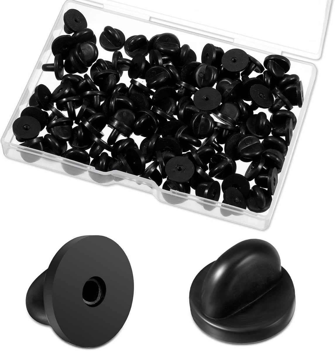 100 stuks rubberen pin-achterkant, vlindersluitpinnen van rubber, speldje, vervangende speld met kunststof doos voor reversspelden, maken van sieraden, hoeden, zwart
