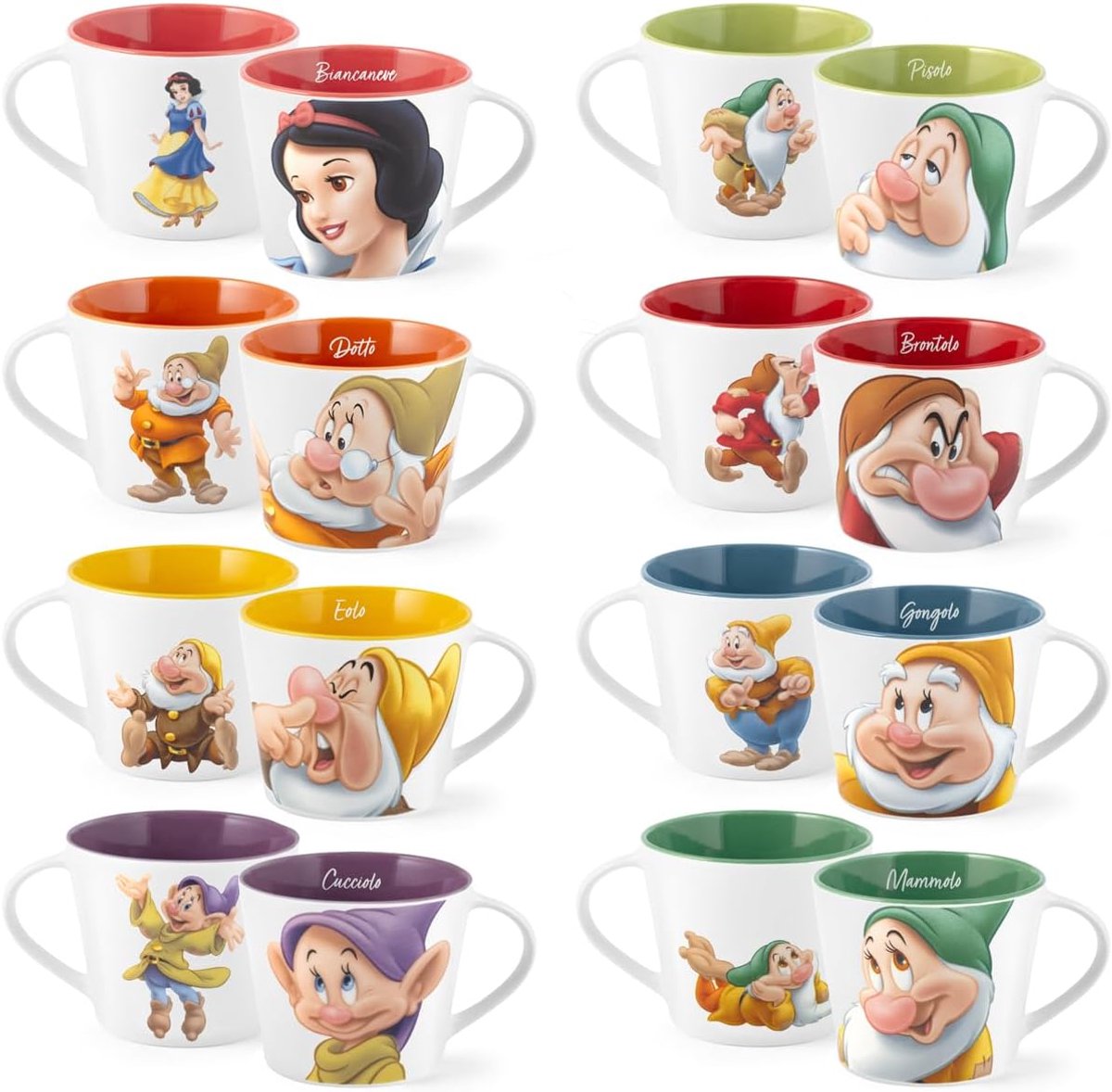 Zeven dwergen, set van 12 jumbo-ontbijtkopjes, zeven dwergen POP, 420 cc, verschillende figuren, New Bone China, vaatwasserbestendig, magnetronbestendig