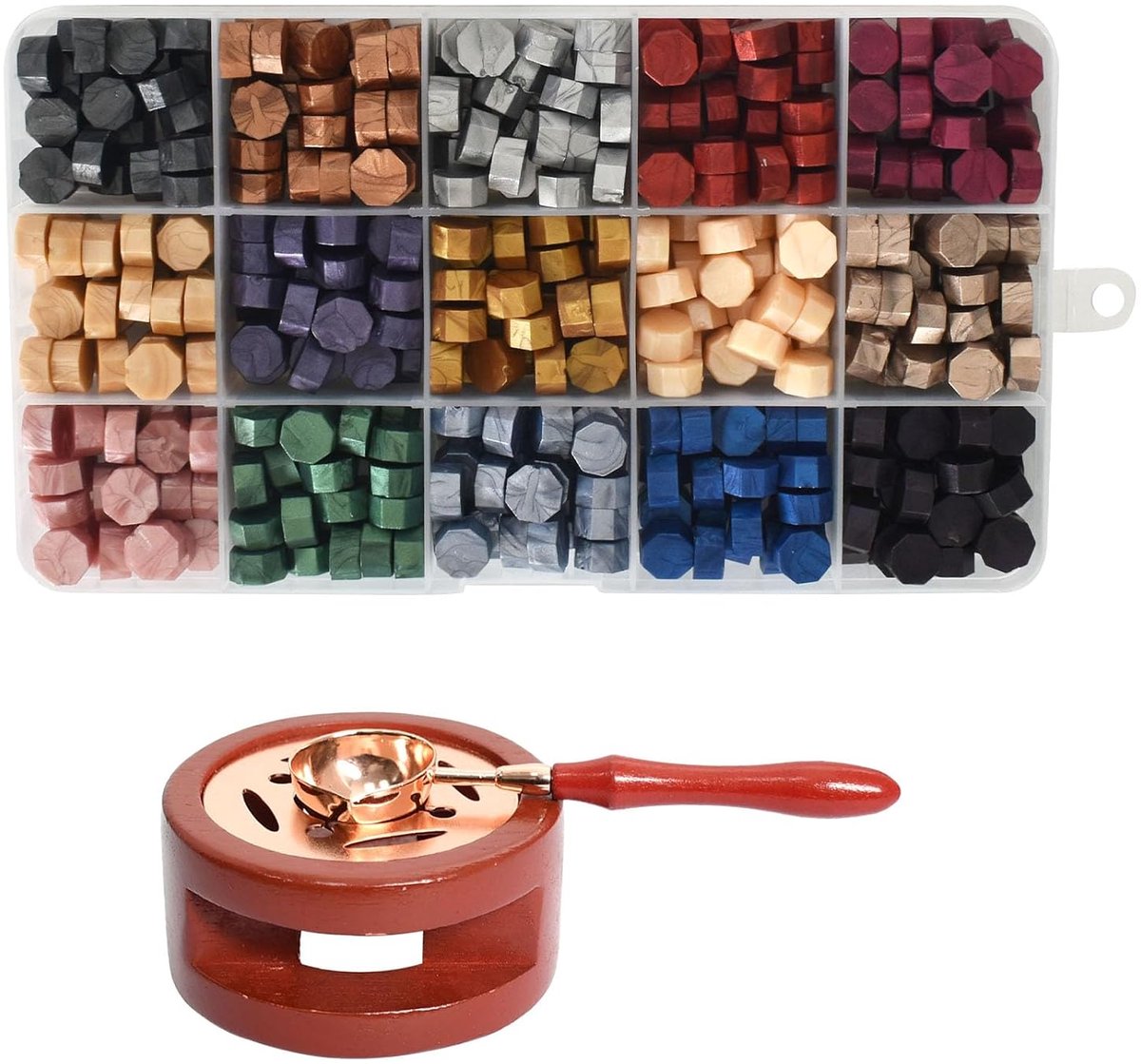 ca. 375 waxparels, met verwarming en smeltlepel, geschikt voor het stempelen van enveloppen, uitnodigingsstempels, huwelijksuitnodigingsstempels en geschenkverpakkingen (retro)