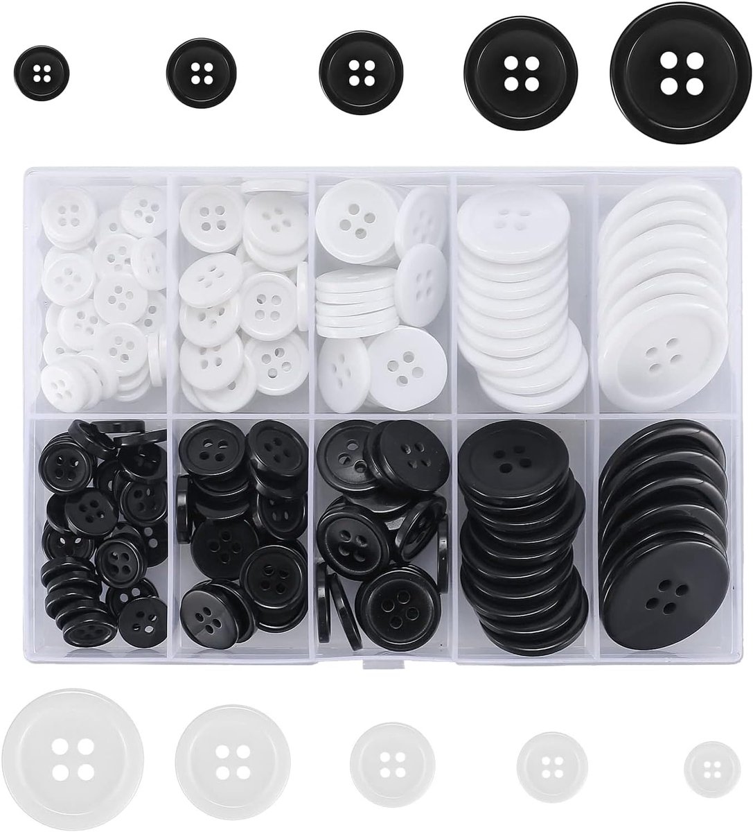 Knopen met 4 gaten, mix, 10-25 mm grootte, zwarte en witte knopen voor overhemden, jurken, mantels naaien, robuuste harsknopen met opbergdoos voor doe-het-zelf naaiaccessoires