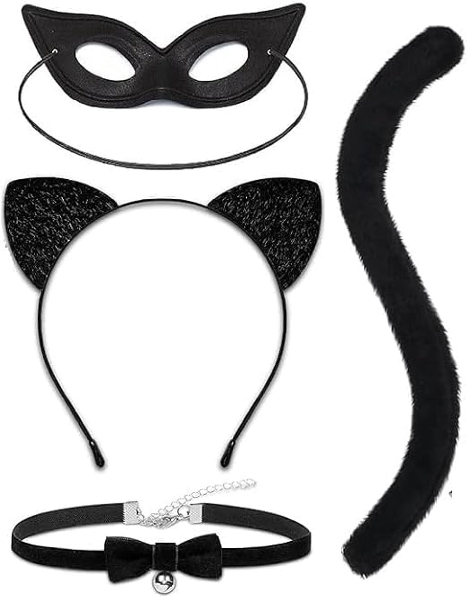 Kostuum voor zwarte kat, dames, masker, zwart, kattenkostuum, kant, masker, voor feest, Halloween, carnaval, cosplay