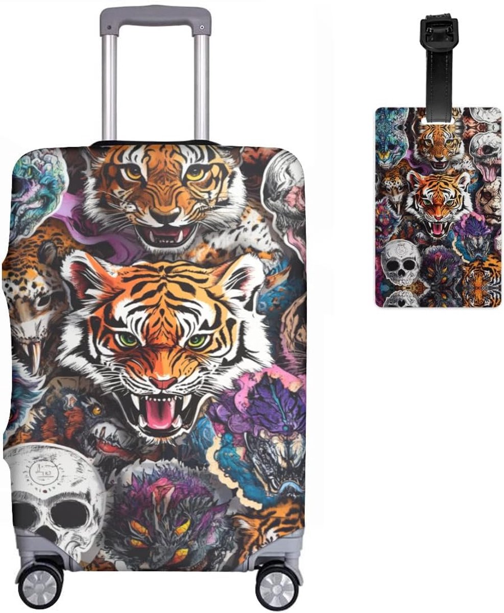 Tigerss elastische kofferbeschermhoezen + bagagelabel set van 2 Tigerss kofferhoezen bagagehoes bagagehoes wasbaar print bagageafdekking 45-81 cm, R5, L(26-28in), kofferhoes