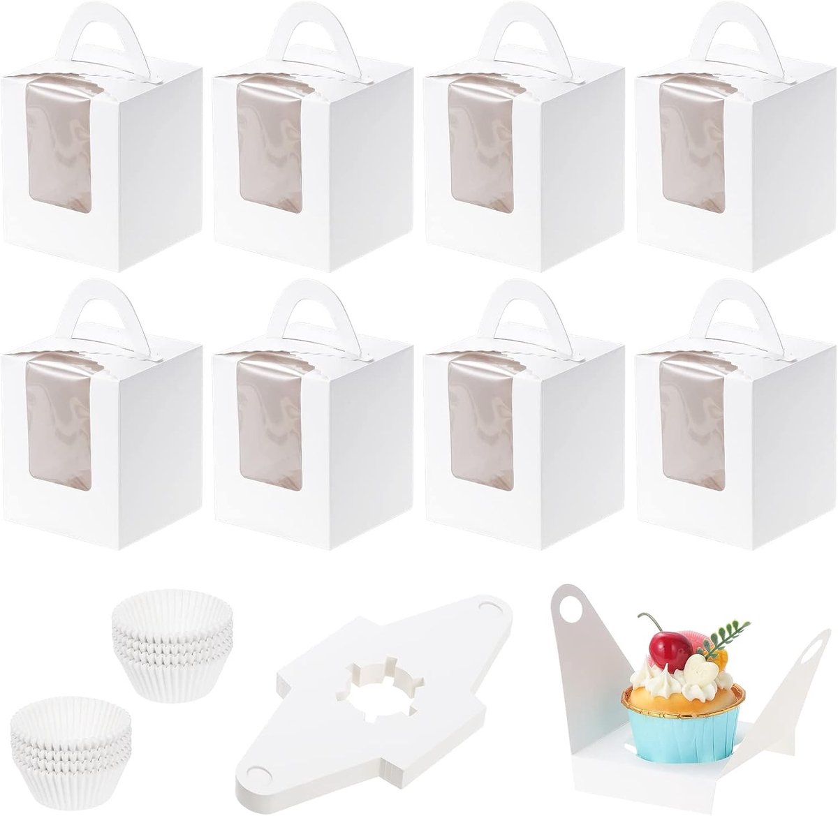 50 stuks cupcake dozen met 1 gat, kartonnen verpakkingen voor gebak, met handvat en venster voor koekjes, muffins, cupcakes en taarten (wit)
